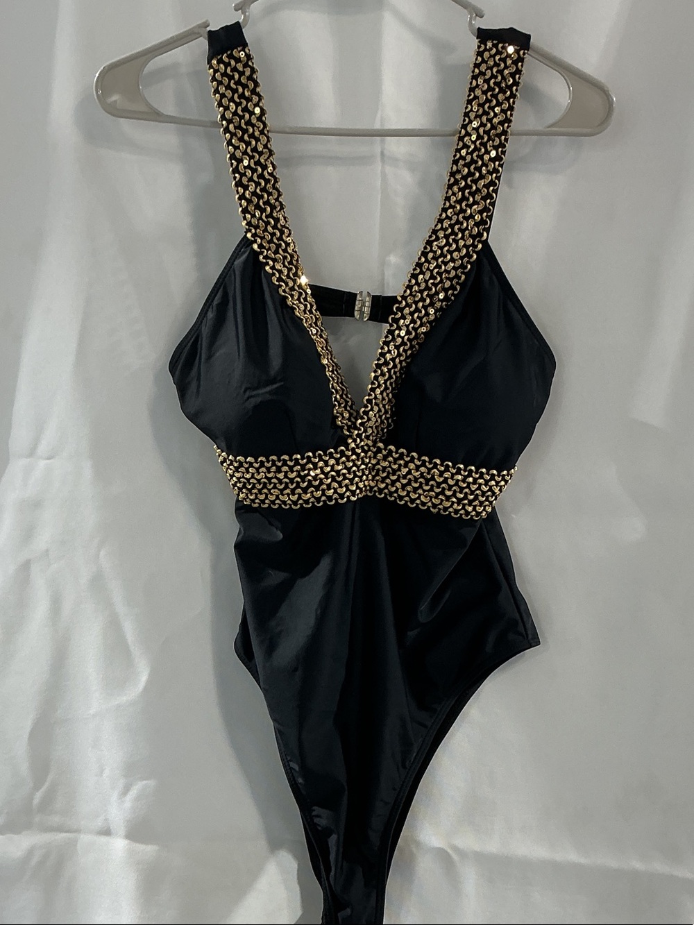 SHEIN Black One-Piece Swimsuit with Gold Chain Trim